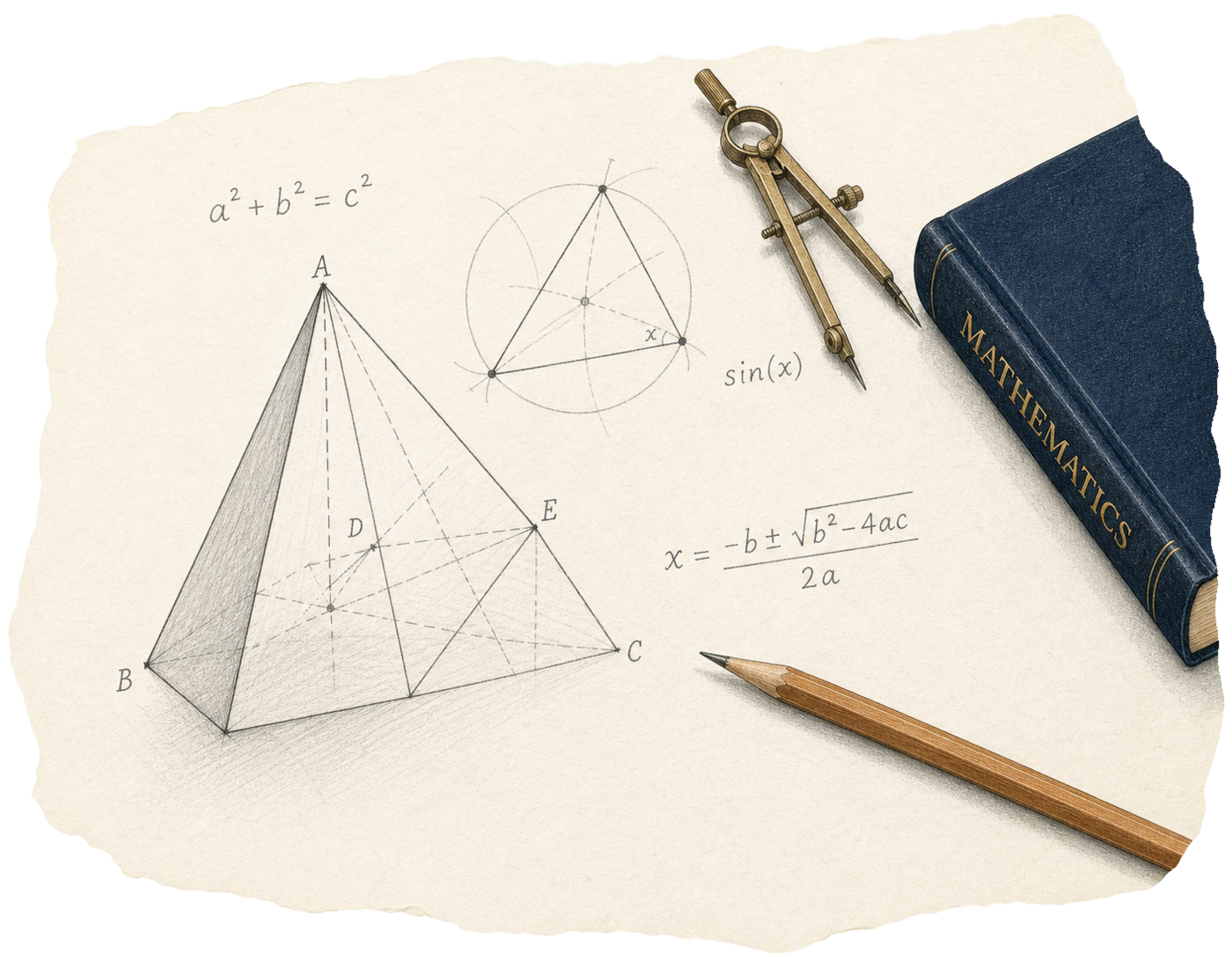 Hand-drawn mathematics sketch: geometry, formulas, compass and textbook